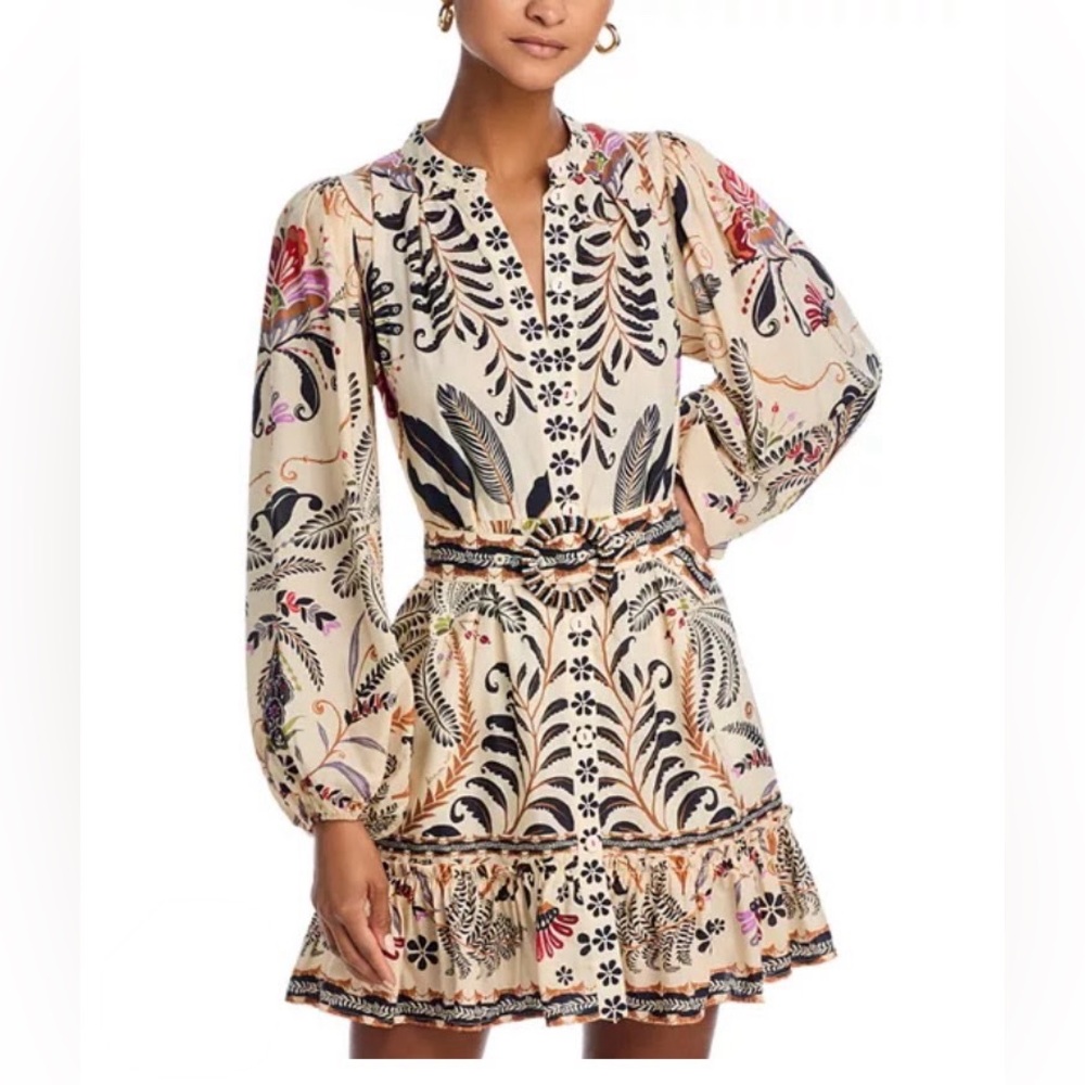 FARM Rio Cream Mini Dress with Black, Pink & Green Botanical Print